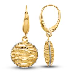 Dynamic bands of textured yellow gold are haloed by diamond-cut white rhodium halo trim in these exciting women's dangle earrings. Fashioned in 14K yellow gold, the earrings secure in place with leverbacks. 14k Gold Halo Drop Earrings, Gold Dangle Hoop Earrings With Halo Design, Gold Halo Design Dangle Jewelry, Gold Dangle Jewelry With Halo Design, Gold Halo Design Diamond Drop Earrings, Yellow Gold Halo Design Dangle Diamond Earrings, Gold Drop Earrings With Halo Design, Modern Yellow Gold Earrings With Halo Design, Gold Diamond Dangle Earrings With Halo Design