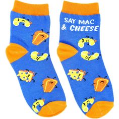 PREMIUM QUALITY: Socks pair is made from a blend of 70% cotton, 28% polyester, 2% spandex materials. These (S/M or M/L) or 4-7YO) unisex socks fit children’s shoes (US 8-11 or US 10-1) IN-HOUSE DESIGN: Features a sewn-in mac and cheese pattern on the blue top and side parts of the sock. The outer ankles feature “Say Mac & Cheese” text that is also sewn in. The toes, heels and tops are a solid orange color. Socks come packaged inside of a plastic poly bag with a hangtag and ribbon. CARE INSTRUCTI Non-slip Cotton Socks For Playtime, Playful Super Soft Socks For Playtime, Fun Winter Cotton Socks, Fun Cotton Winter Socks, Cotton Socks For Winter Playtime, Playful Multicolor Cotton Socks, Playful Non-slip Cotton Socks, Cute Cotton Socks For Playtime, Fun Blue Cotton Socks