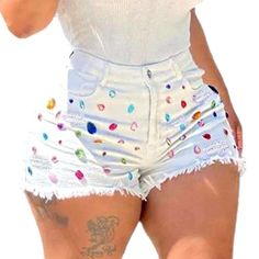 Make a statement this summer season with our Torn Tone Rhinestone Denim Shorts from the 2023 Summer Collection! Combining retro allure and vogue style. these Y2K-style elevated-waisted fitted jeans with embellishments. zipper and button closure will ensure you look fashionable and feel simple all season lengthy.Distinctive Features: Y2K Style: With a tall-waisted. skinny silhouette and retro-inspired design. these denim shorts are the perfect balance of classic and contemporary. Embellishments: Trendy Jean Shorts For Party, Trendy High Waist Jean Shorts For Parties, Trendy Summer Party Jean Shorts, High Waist Jean Shorts For Spring Party, Party Jean Shorts For Spring, Spring Party Jean Shorts, Party-ready Jean Shorts For Spring, Spring Party Denim Jean Shorts, Spring Party Jeans In Short Length