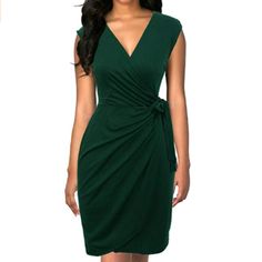 65% Cotton, 35% Polyester Imported Zipper Closure Cotton Blend Fabric, Stretchy Material, Supper Soft, Breathable And Fashionable, Quality Guarantee Deep V-Neck, Cap Sleeve, Draped Waist, Tie Belt( The Belt Is Not Detachable), Tulip Hem, Knee-Length Wrap Dress Hand Wash Or Machine Wash, Not Shrink Or Fade After Wash, Low Temperature For Ironing Just Ask For Available Size: S, M, L, Xl Item No Rr209 Chic Green Fitted V-neck Dress, Fitted Green V-neck Dress For Work, Knee-length V-neck Dress For Office, V-neck Office Lady Dress, Office Lady V-neck Dress, Sheath V-neck Dress For Summer Workwear, Green V-neck Mini Dress For Office, Fitted V-neck Dress For Office, Chic Green V-neck Dress