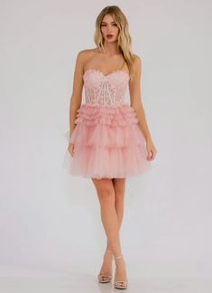 Darina Strapless Lace Corset With Tulle Ruffle Skirt Dress-Semi Formal Dresses-juliet-Shop with Bloom West Boutique, Women's Fashion Boutique, Located in Houma, Louisiana Fitted Tulle Dress With Ruffled Skirt, Elegant Pink Corset Dress For Homecoming, Sleeveless Tulle Corset Dress With Ruffles, Sleeveless Ruffled Corset Dress For Bridesmaid, Feminine Dress With Ruffled Skirt And Fitted Bodice, Mini Dress With Tulle Skirt And Fitted Bodice, Sweetheart Neckline Mini Dress With Tulle Skirt For Cocktail, Party Dress With Lace Bodice And Tiered Shape, Pink Tiered Skirt Prom Dress