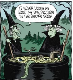 two witches in a caulder with the caption it never looks as good as the picture in the recipe book