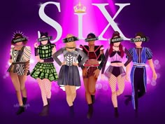 six women dressed in costumes and hats with the word six on them, all standing side by side