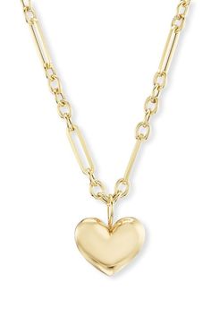 BRENT NEALE-Small Puff Heart Pendant Necklace-YELLOW GOLD Gold-tone Heart Pendant Necklace With Heart Charm, Yellow Gold Heart Charm Pendant Necklace, Yellow Gold Heart Necklace With Round Pendant, Yellow Gold Pendant Necklace With Heart Charm, Yellow Gold Heart Charm Necklace With Round Pendant, Classic Yellow Gold Heart Pendant Charm Necklace, Tarnish Resistant Yellow Gold Heart Pendant Necklace, Classic Yellow Gold Heart Necklace With Heart Charm, Gold Heart Necklace With Cable Chain For Valentine's Day