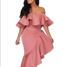 Crowned With Sculptural Ruffles Around The Bare Shoulders And Asymmetric Hemline, This Striking Party Dress In Sleek Sateen Is Punctuated With A Kicky Gathered Skirt And Off-Shoulder Bodice In Curve Hugging Fit That Reveals A Glimpse Of Skin With Much Sexy Allure. We Love It With Statement Earrings And A Subtle Clutch For Big Night Parties! Pink One-shoulder Dress With Asymmetrical Neckline For Date Night, Fitted One-shoulder Dress With Ruched Asymmetrical Hem, Off-shoulder Ruched Asymmetrical Cocktail Dress, Luxury Ruched Off-shoulder Asymmetrical Dress, Pink Ruched One-shoulder Dress With Asymmetrical Neckline, Night Parties, Bare Shoulders, Big Night, Dresses Dresses