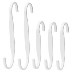 four white hooks hang from the side of each hook, with one hanging on it's end