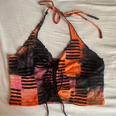 Orange, Black, And Purple Halter Crop Top With Adjustable Ties. Never Worn! Black Y2k Top For Beach, Y2k Black Tops For Beach, Black Y2k Beach Tops, Black Y2k Style Tops For Beach, Clothes Sketch, Shifting Closet, Purple Halter, Random Clothes, Dip Dyed