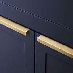 a close up view of some blue cabinets with gold trim on the doors and drawers