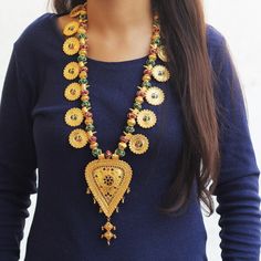 This Necklace is fully handmade. It is made with thread, brass & beads. It is a long traditional necklace. Its length is adjustable from 20 inches to 26 inches long. It can be worn for any occasion/celebration. Festive Handmade Beaded Necklaces For Festivals, Traditional Beaded Necklace For Festive Occasions, Ceremonial Temple Jewelry Long Necklace, Traditional Beaded Necklaces For Festival Gift, Handmade Necklaces For Festivals, Handmade Necklaces For Ceremonial Festivals, Handmade Ceremonial Necklaces For Festivals, Artisan Necklace For Ceremonial Festivals, Handmade Ceremonial Necklace For Festivals