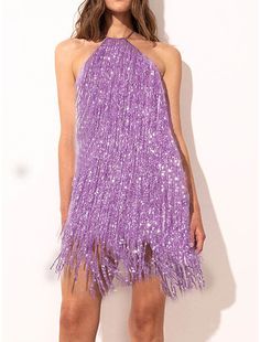 Women's Gold Sequin Dress Fringe Dress Party Dress Sparkly Dress Homecoming Dress Mini Dress Purple Sleeveless Sparkly Glitter Spring Fall Winter Halter Neck Fashion Sleeveless Mini Dress For Night Out, Sleeveless Mini Dress For Evening Parties, Flirty Strapless Dresses For Costume Party, Glamorous Summer Flapper Dress For Night Out, Sequin Dress For Costume Party During Party Season, Halter Neck Mini Dress For Prom Party, Glamorous Halter Neck Mini Dress For Prom, Purple Mini Sequin Dress For Party Season, Glamorous Strapless Sleeveless Party Dress