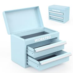 a blue box with three drawers and the word workpro written on it