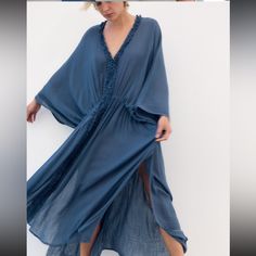 Soo Cute And Flowy And Roomy! So Easy To Toss On. Perfect For A Beach Vacation Or The Pool Blue Breezy Flowy Cover-up, Blue Flowy Breezy Cover-up, Breezy V-neck Dress For Beach Cover-up, V-neck Kaftan Dress For Beach, Chic Blue V-neck Cover-up, Indigo V-neck Summer Dress, Flowy Tunic Maxi Dress For Brunch, Blue Midi Dress For Beach Cover-up, Blue Maxi Beachwear Dresses