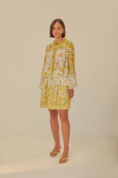 Off-White Azaleia Blouse Yellow Feminine Blouse, Yellow Feminine Blouse For Daywear, Feminine Yellow Blouse For Daywear, Elegant Yellow Top With Floral Print, Elegant Yellow Tops With Floral Print, Feminine Spring Blouse For Garden Party, Feminine Blouse For Spring Garden Party, Feminine Blouse For Garden Party In Spring, Chic Spring Blouse For Garden Party