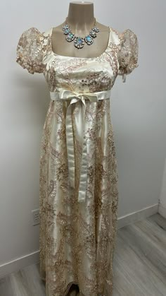 Regency Era/bridgeton Inspired Ball Dress/costume - Etsy Gold Regency Dress, Regency Prom Dress, Regency Walking Dress, Elegant Gown For Debutante Ball During Prom Season, Elegant Fitted Tea Length Mother Of The Bride Dress, Gold Satin Dress For Banquet, Gold Satin Dress For Banquets, Elegant Cream Evening Dress For Wedding, Elegant Long Wedding Ball Gown