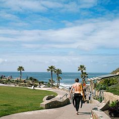 a man walking down a path next to the ocean with palm trees on both sides