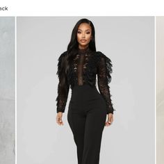 Lace Top Jumpsuit, Black, Some Stretch, True To Size Black Formal Jumpsuits And Rompers For Fall, Spring Black Pantsuit For Night Out, Black Pantsuit For Spring Night Out, Black Pantsuit For Night Out In Spring, Black High Waist Jumpsuits And Rompers For Fall, Black High-waist Jumpsuits And Rompers For Fall, Elegant Bodysuit For Going Out In Fall, Elegant Fall Bodysuit For Going Out, Black Stretch Pantsuit For Evening