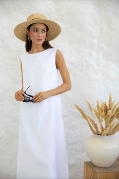 Linen maxi dress with boat neck and open back for women with feminine look. Made from washed linen to prevent shrinkage after washing. Completely organic and hypoallergenic. • All clothing made from washed European blend linen (60% linen and 40% cotton) • OEKO-TEX certified fabric (no harmful chemicals used in production) • Maxi length • Boat neck • Open back with ties • Double layer top (bust) • From XS to Plus size • Perfect clothing for summer Elegant A-line Linen Beach Dress, Chic Linen Maxi Dress For Summer, White Linen Sleeveless Dress For Beach, Elegant Sleeveless Linen Dress, White Sleeveless Linen Maxi Dress, White Sleeveless Linen Dress For Day Out, White Linen Sleeveless Summer Dress, Sleeveless Linen Maxi Dress For Day Out, Linen A-line Maxi Dress For Beach