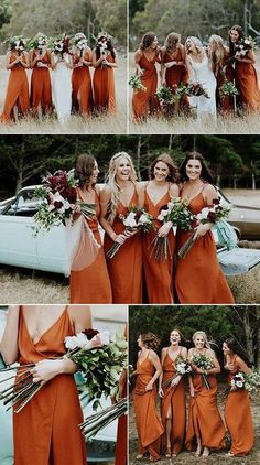 the bridesmaids are wearing orange dresses and holding bouquets in their hands while posing for pictures