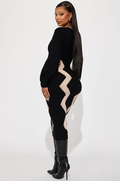 Available In Black/combo. Sweater Maxi Dress Long Balloon Sleeves Deep V-Neck Stretch Length= 49" Disclaimer Pattern Placement May Vary 100% Acrylic Imported | Daniella Sweater Maxi Dress in Black size 3X by Fashion Nova Winter Sweaters For Women, Modest Outfits For Women, Long Dress With Boots, Sweater Maxi Dress, Fall Winter Wardrobe, Black Women Fashion, Midi Maxi Dress, Black Maxi Dress, Long Maxi Dress