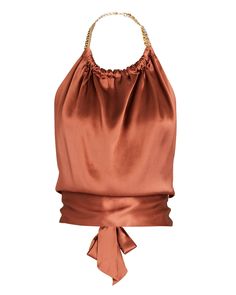 Harmur Power Chain-Trimmed Silk Halter Top Hannah Marin, Power Chain, Silk Halter Top, Ladies Blouse Designs, Designer Tops, Halter Tops, Leopard Print Blouse, Silk Mini Dress, Fun Fashion