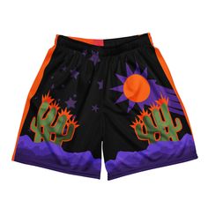 Desert Sun Unisex mesh shorts, Phoenix Basketball Shorts. These shorts are the perfect choice for those who need flexibility in their attire. Whether you're hitting the gym, running errands or enjoying an outdoor activity, they'll be your trusty companion. Look good, feel good, and stay comfortable, all with the unisex mesh shorts. *Please note, for a comfortable, lightweight feel, these shorts are made from a two-way stretch fabric. Keep in mind this fabric is thinner than some other options. *Product is designed in Minnesota and made to order, however does not ship from Minnesota. Allow 3-7 business days for fulfillment via Printful. Shipping through multiple locations in the US and worldwide. We are unable to expedite shipping unfortunately. *  100% recycled polyester fabric *  Fabric w Summer Outdoor Activities Short Activewear, Summer Sportswear Shorts For Streetwear, Casual Mesh Beach Bottoms, Casual Mesh Bottoms For Beach, Summer Athleisure Athletic Shorts For Streetwear, Summer Sportswear Streetwear Shorts, Summer Streetwear Athleisure Athletic Shorts, Summer Sportswear Shorts For Outdoor Activities, Summer Activewear With Breathable Mesh