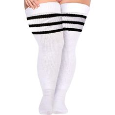 Introducing our Plus Size Women's Thigh High Socks, specially designed with big girls in mind! These extra-long and striped thigh high stockings are perfect for adding style and comfort to your outfit. Say goodbye to the hassle of sagging or rolling off with the included Extra Long Thigh Garter. Let's explore the features that make these socks a must-have for your wardrobe: FEATURES: Specially Designed for Plus Size: Enlarged and widened to perfectly fit big girls, with a length of about 35'' an Thigh Straps, Striped Thigh High Socks, Thigh Garter, Mini Pleated Skirt, Big Legs, Leg Warmer, Stockings Legs, Comfortable Socks, Over The Knee Socks