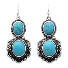 Vintage bohemian vibes with these western inspired earrings. Two oval shaped turquoise-hued natural dyed howlite in an ornate silver frames etched with artisanal textured arcs around the natural semi precious stone in a Southwestern-inspired fashion are sure to be head turners!  Earrings measure 1.75 inch length by.75 inch width on fish wire hooks.  Two rounded turquoise colored semi precious natural howlite stones set in burnished silver tone dangling conchos. Earrings have a unique artisan des Easter Jewelry, Western Necklaces, Antique Silver Jewelry, Casual Earrings, Turquoise Jewelry Native American, Western Earrings, Howlite Stone, Southwest Jewelry, Vintage Cowgirl