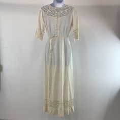 Vintage lace white dress Size: S 1908-1920s W 24 Vintage Lace Maxi Dress For Daywear, White Lace Maxi Dress For Daywear, White Delicate Lace Dress For Formal Occasions, Formal White Dress With Delicate Lace, Fitted Regency Style Dress In Vintage White, Elegant Victorian Dress In Vintage White, White Lace Patchwork Dress For Formal Occasions, White Formal Lace Dress With Lace Patchwork, Fitted Maxi Dress With Lace Patchwork For Daywear