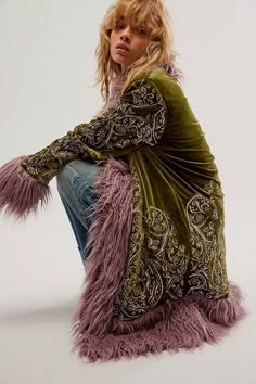 Moon Glow Coat | Free People Long Velvet Coat For Fall, Bohemian Long Sleeve Fur Coat For Fall, Bohemian Long Sleeve Fur Coat With Faux Fur Lining, Bohemian Long Sleeve Fur Coat, Penny Lane Coat, Mode Hippie, Mode Boho, I'm With The Band, Elegante Casual