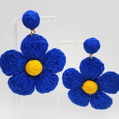 Blue Large Flower Earrings Drop: 2.5" Dyed Straw/Raffia On A Gold Back Form (Lightweight) Beautiful Bright Color Gives Great Dimension And Fun To These Drop Statement Earrings. Great For Adding A Pop Of Color Or Accentuating Your Outfit! Blue Flower Shaped Earrings For Summer, Blue Flower-shaped Summer Earrings, Spring Blue Flower Earrings, Blue Flower Earrings For Spring, Blue Handmade Flower Earrings, Handmade Blue Flower Earrings, Handmade Flower Earrings Adjustable For Spring, Adjustable Blue Flower Earrings, Blue Flower Earrings For Beach