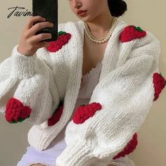 Tavimart Cute Strawberry Cropped Cardigan Women Fashion Autumn Winter Single Breasted V-neck Long Sleeve Y2k Knitted Sweater size Shoulder(cm) Bust(cm) Body Length(cm) Sleeve(cm) S 58 98 46 47 M 59 102 47 48 L 60 106 48 49 Trendy White V-neck Sweater For Winter, Chunky Knit Acrylic V-neck Cardigan, Cute White V-neck Outerwear, White Acrylic V-neck Outerwear, Cute V-neck Knitted Cardigan, Cute V-neck Knitted Sweater, Cute Knitted V-neck Sweater, Cute V-neck Sweater, Cute Knit V-neck Sweater