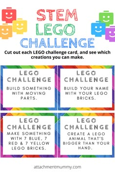 Lego Stem Challenge Cards, Homeschool Lego Activities, Printable Lego Challenge Cards, Lego Club Challenges, National Lego Day Activities, Lego Stem Kindergarten, Domino Stem Challenge Cards, Printable Stem Activities, Lego Activity Sheets Free Printable