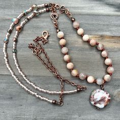 This peach coloured boho necklace is made of natural Sunstone, Czech glass and TOHO 8/0 glass seed beads. It has an Ocean Jasper pendant and handmade copper connectors.  Hand knotted on rust colored C-Lon cord. Each bead is separated by tiny knots preventing the beads from rubbing against each other. This also allows the necklace to drape nicely.  Czech glass and TOHO seed beads are strung on Soft-Flex (7 strands of stainless steel wire wire wound together). This item looks stunning alone or lay Beaded Boho Necklace, Earthy Jewelry, Stainless Steel Wire, Jasper Pendant, Copper Chain, Rust Color, Ocean Jasper, Handmade Copper, Colorful Boho