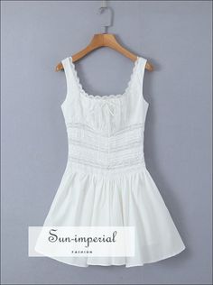 White Square Neckline Rushed Bodice Center Bow Sleeveless Mini Dress With Lace Detail Sun-Imperial United States White Lace Mini Dress, White Spaghetti Strap, Club Dress, Mini Dresses For Women, Dress Spaghetti, Pullover Shirt, Sleeveless Mini Dress, Evening Attire, Lace Mini Dress