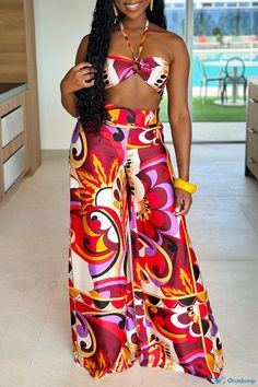 OrcaJump - Chic Urban Dailies: Printed Halter Sleeveless Two-Piece Set with Elegant Contrast Detail Two Piece Sets, Two Pieces, Two Piece, Red