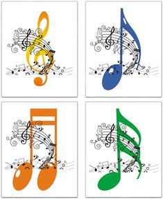 four colorful musical notes with music symbols on them