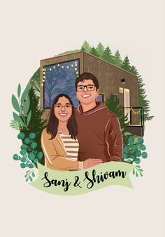 a couple standing next to each other in front of a house with trees and bushes