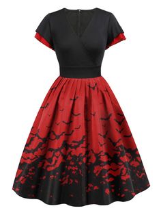 Gothic Red Dress For Halloween, Retro Halloween Costume Dress, Retro Red Dress For Costume Party, Vintage Red Halloween Dresses, Vintage Red Dresses For Halloween, Red Gothic Dress For Fall, Vampire Style Red Dress For Halloween, Red Vampire Dress For Halloween, Short Sleeve Halloween Party Dress