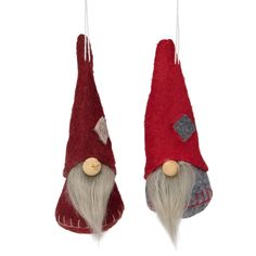 two red and gray gnome ornaments hanging from strings