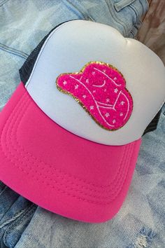 This stylish Cowboy Hat Western Trucker Hat is the perfect accessory to make a statement! With its pink and black western design, it adds the perfect touch of fun and flair to any outfit. It's comfortable to wear for any occasion, whether you're having a night out or out in the sun on a sunny day! Adjustable snap-back. Fun Pink Hats For Country Events, Fun Pink Hat For Country Events, Trendy Pink Party Hat, Pink Western Style Cap, Western Style Pink Cap, Pink Western Cap Hat, Pink Brimmed Hat For Rodeo, Pink Country Hat With Short Brim, Pink Country Style Hat With Short Brim