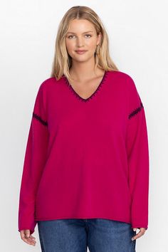 Crafted from a rich wool and cashmere blend, the Whipstitch V-Neck Pullover is equal parts cozy and stylish. Featuring a V-neckline and a drop shoulder, this luxurious pullover is finished with a contrast whipstitch detailing throughout the neck and shoulders. Pair with relaxed-fit jeans and fashion sneakers for a polished casual look. Johnny Was Women's The Whipstitch V-Neck Pullover in Berry Purple, Size XL, Cashmere V-neck Merino Wool Sweater, V-neck Cashmere Sweater For Loungewear, Cozy V-neck Merino Wool Sweater, Cozy Merino Wool V-neck Sweater, Polished Casual, Women's Blouses, Embroidered Jeans, Relaxed Fit Jeans, Chic Outfit