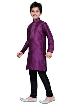 Product Features: Top Color: Purple Bottom Color: Black Top Fabric: Silk Bottom Fabric: Silk Pattern And Print: Embroidery Work: Zari And Resham Thread Embroidered Sleeve Type: Full Sleeve Neckline Type: Chinese Collar Closure Type: Button Wash Care: Dry Clean Occasion: Festival Package Contain 1 Top And 1 Bottom Product Type Boys Kurta Pyjama Set Disclaimer: There Will Be Slight Difference In Digital To Actual Image Festive Purple Kurta With Floral Embroidery, Fitted Long Sleeve Churidar With Embroidered Border, Purple Embroidered Long Sleeve Churidar, Embroidered Purple Kurta With Traditional Drape, Embroidered Purple Bollywood Kurta, Purple Embroidered Bollywood Kurta, Purple Long Sleeve Traditional Wear With Embroidered Border, Festive Long Sleeve Purple Kurta, Purple Long Sleeve Traditional Wear For Transitional Season