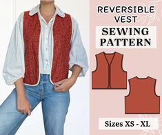 a woman wearing a vest and jeans in front of a pink background with the text reversible vest sewing pattern sizes xs - xxl