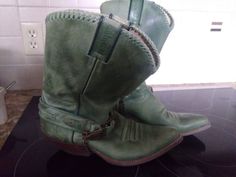 Green Sancho Cowboy Boots Rugged Green High-top Boots, Casual Ankle Moto Boots For Rodeo, Casual Moto Boots For Ranch In Winter, Green Snip Toe Ranch Boots, Round Toe Moto Boots For Ranch In Winter, Casual Green Ankle Boots, Green Western Ankle Boots, Casual Snip Toe Moto Boots For Rodeo, Casual Moto Boots With Snip Toe For Rodeo