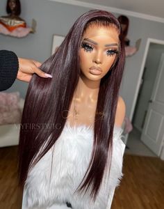 OpHair - Glueless Human Hair Lace Front Wigs Burgundy Straight Wigs  - OPH032 Human Hair Wigs Lace Front, Coated Lace Front Wigs, Fall Closure Wigs, Human Hair Lacefront Wigs, Human Hair Front Lace Wigs, Burgundy Lace Front Wig Human Hair, Lace Front Wigs Premier Lace Wigs, Widow's Peak Wig, 777 Wigs