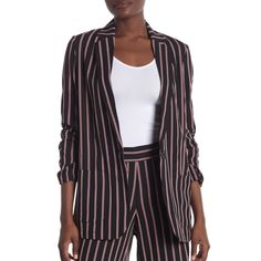 Max Studio Womens Striped Soft Notch Lapel Blazer Black Pink Size Xs New With Tags. Comes From Smoke Free Environment. Measurements (Taken Laying Flat) Bust: 20" Length: 28" Spring Black Stretch Blazer, Black Stretch Blazer For Spring, Spring Stretch Black Blazer, Chic Pink Stretch Outerwear, Blazer Look, Black Velvet Shorts, Checkered Blazer, Layering Jacket, Fitted Blazer Jacket