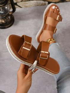 Women's Woven Sole Slide Sandals, Flat Heel Casual Vacation Style Slippers Brown         Women Shoes, size features are:Bust: ,Length: ,Sleeve Length: Workplace Outfits, Types Of Sandals, Handmade Slippers, Shoes Hack, Slides For Women