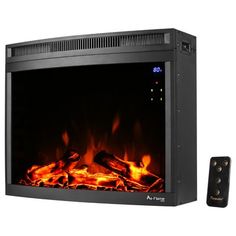 an electric fireplace with remote controls on the side and fire in the middle, next to it is a black wall mounted heater