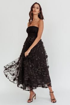 Shop the Fayette Strapless Mesh Midi Dress Embellished Black | Selfie Leslie Black Selfie, Cowboy Chic, Fairytale Princess, Selfie Leslie, 2025 Wedding, Mesh Midi Dress, Embellished Skirt, Garden Party, Midi Dress