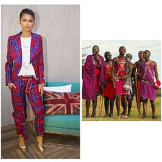 @Zendaya's pantsuit looks like it came straight from Kenya. It's giving me serious Maasai shuka vibes. It's so stylish! Afrocentric Fashion, Hot Clothes, African Designs, Africa Dress, Trouser Suit, Afro Style, African Clothes, African Children